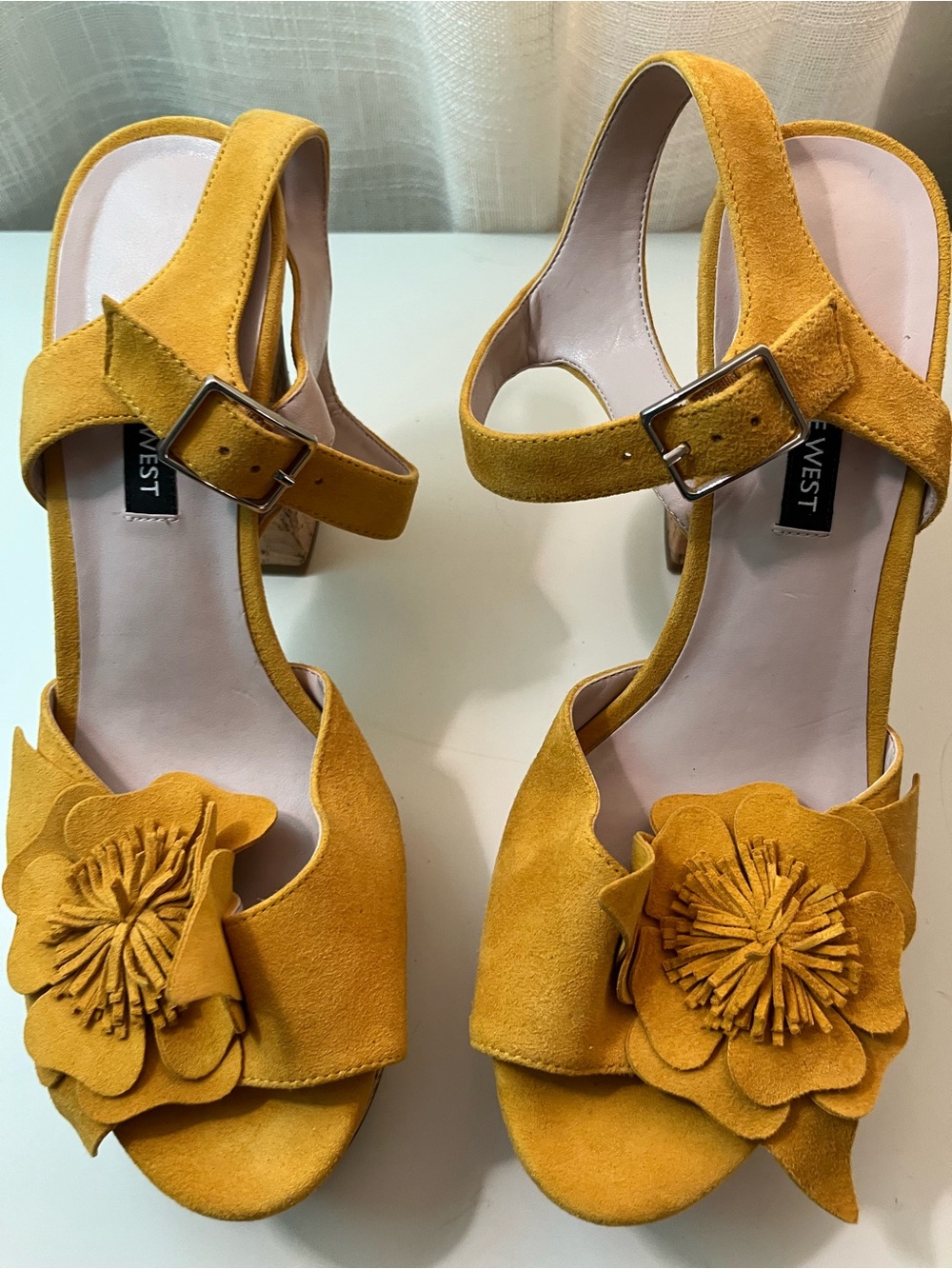 Nine West Yellow Suede Floral Appliqué Platform Heels
